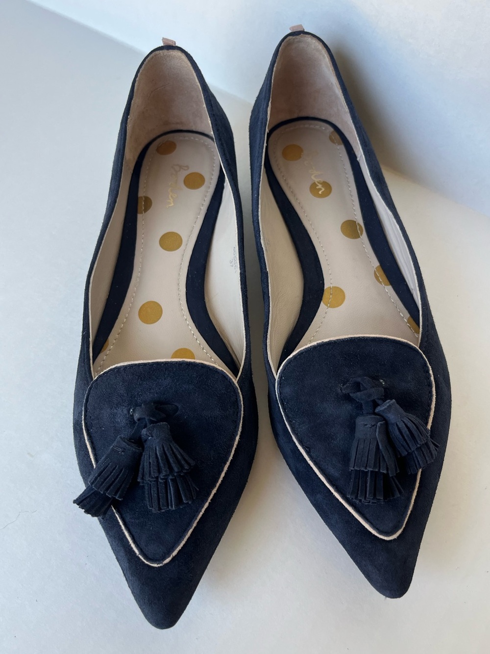 Boden Women’s Abbie Suede Navy Blue Pointed Toe Tassels Loafers Flats Shoes 37